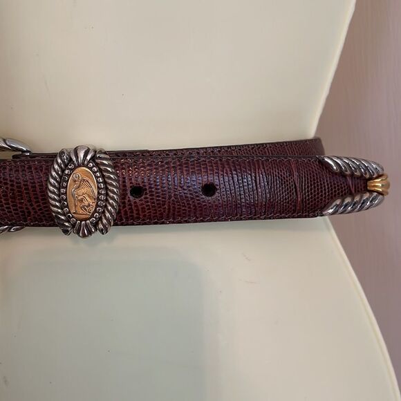 Vtg 1996 Brighton brown snakeskin look belt with silver/gold coin buckle - Picture 3 of 11
